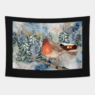 robin in the snow winter wonderland Tapestry