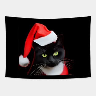 Cute black cat wearing a christmas hat Tapestry
