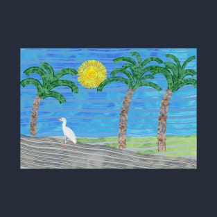 Cattle Egret walking, a palm tree and the sun shining T-Shirt