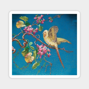 SMALL PARROT ON THE LILAC FLOWER TREE Japanese Style Floral in Blue Magnet