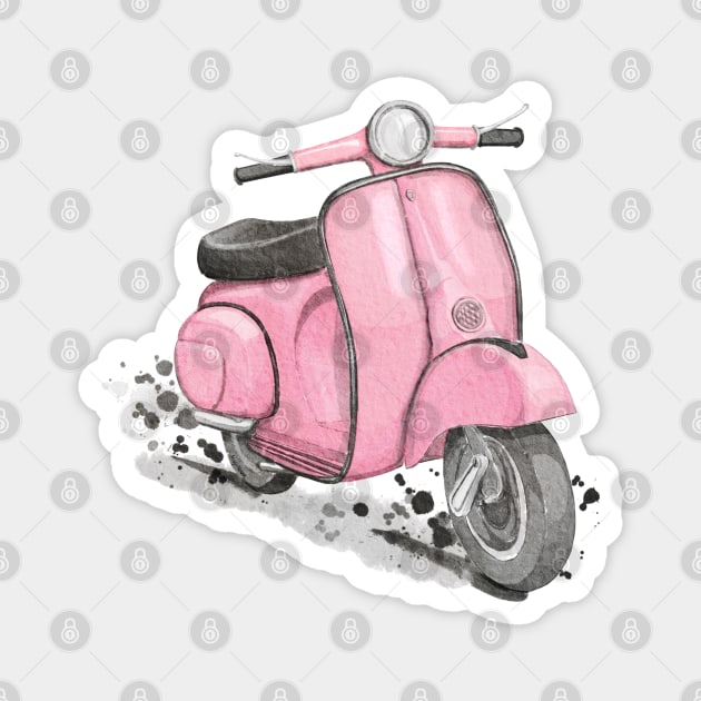 Pink Classic Retro Scooter. Pink background. Magnet by Magic Mouse Illustration