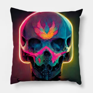 Neon skull glows in pink, blue and yellow. Pillow