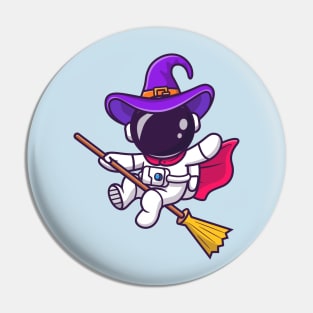 Cute Witch Astronaut Flying With A Magic Broom Cartoon Pin