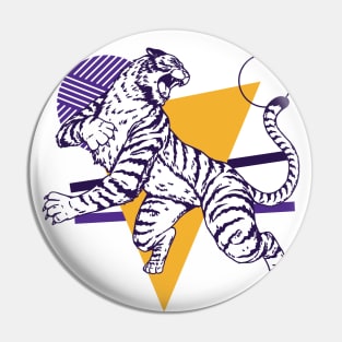 Retro Purple & Gold Tiger on the Attack // Vintage Geometric Shapes Background Pin