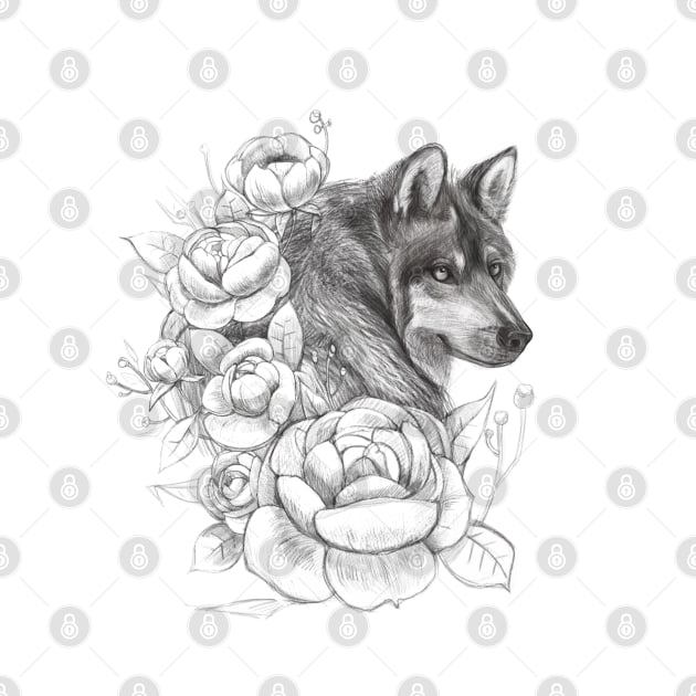 Wolf and flowers drawing by kdegtiareva