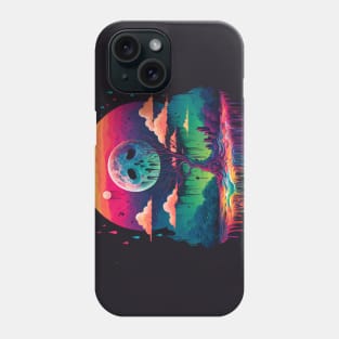 Rainy Night. Sad Full Moon. - Psychedelic Landscape - Paint Dripping 3D Illustration - Colorful Haunted Nature Scene Phone Case