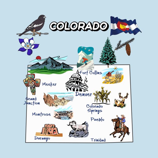 Hand Drawn Illustration of Colorado Map with Tourist Destinations, USA by Mashmosh