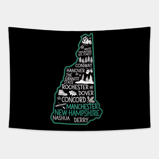 New Hampshire Manchester cute map Conway Hanover Rochester Dover Nashua Derry The Granite State Tapestry by BoogieCreates