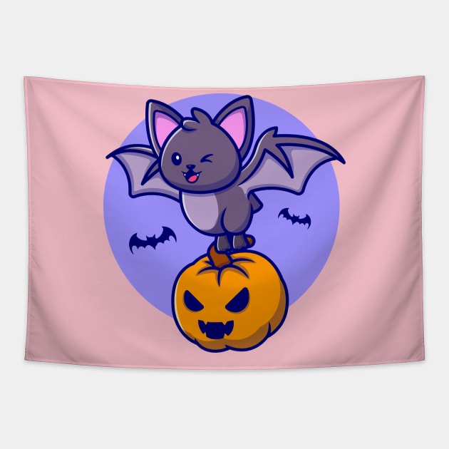 Cute Bat With Pumpkin Halloween Cartoon Tapestry by Catalyst Labs