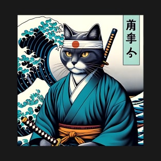 Vaporwave Samurai Cat Great Wave Off Kanagawa T-Shirt