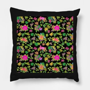 Tropical Flowers on Black Backgroud Pillow