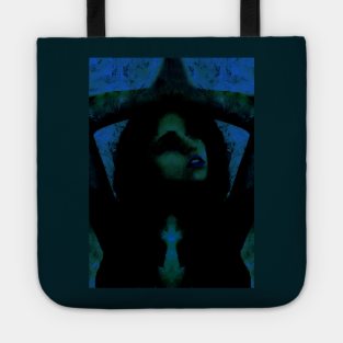 Portrait, digital collage, special processing. Beautiful but dark, like witch, woman. Tale. Blue, green and dim. Tote