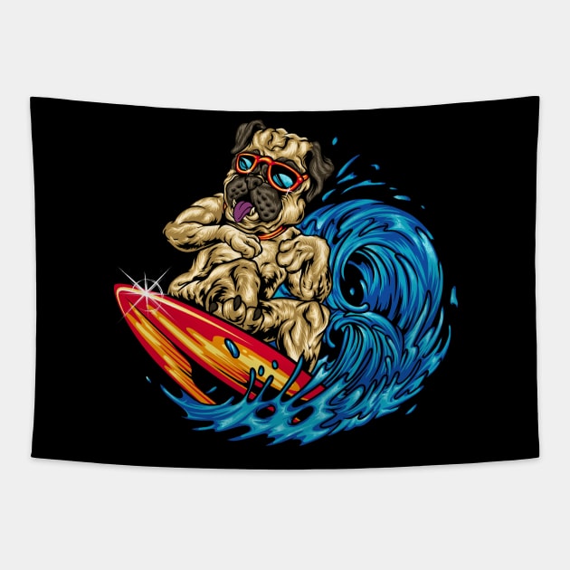 Funny Surfing Pug Riding an Ocean Wave Dog Surfboard Tapestry by Proficient Tees