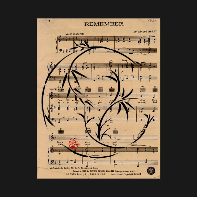 Remember - Sumie Enso Ink Brush Painting on Vintage Sheet Music - Irving Berlin by tranquilwaters