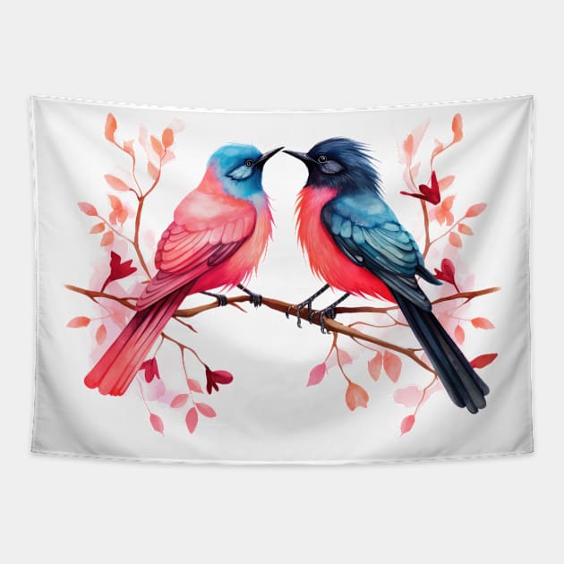 Valentine Kissing Greater Racket Tailed Drongo Bird Couple Tapestry by Chromatic Fusion Studio