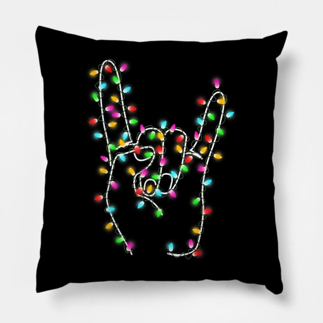 Rock on Hand - Christmas Lights - Pajamas Ugly Xmas Pillow by Origami Fashion