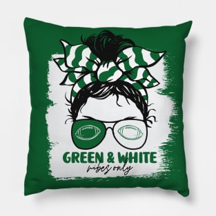 Green and White Vibes Only Football Mom Messy Hair Gameday Pillow