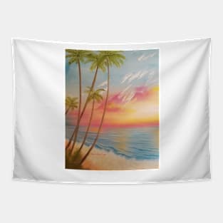 Paradise, Beautiful Beach, Beach Painting, Pale Beach, Pastel Beach, Pink Sky, Palm Trees, Beach Life Tapestry