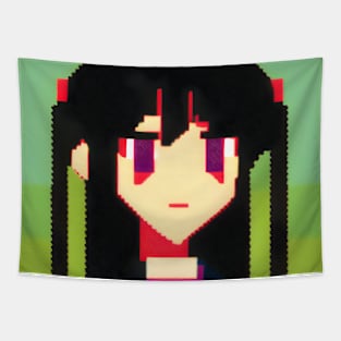 A pixel art picture of a girl with black hair with -_- Face Tapestry
