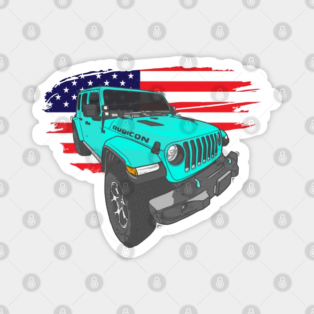 Jeep Wrangler with American Flag - Ocean Blue Magnet by 4x4 Sketch