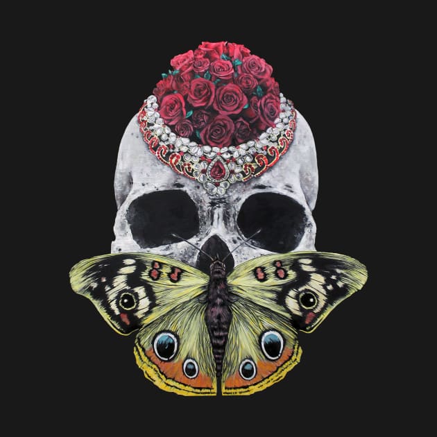 Roses Skulls Butterflies | Acid Pop Surreal Art | Ruby Red Skull Painting | Original Oil Painting By Tyler Tilley Created in 2020 by Tiger Picasso