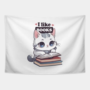 Kawaii Cat Book Lover Tapestry