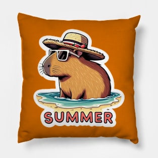 Cute summer capybara on the beach Pillow