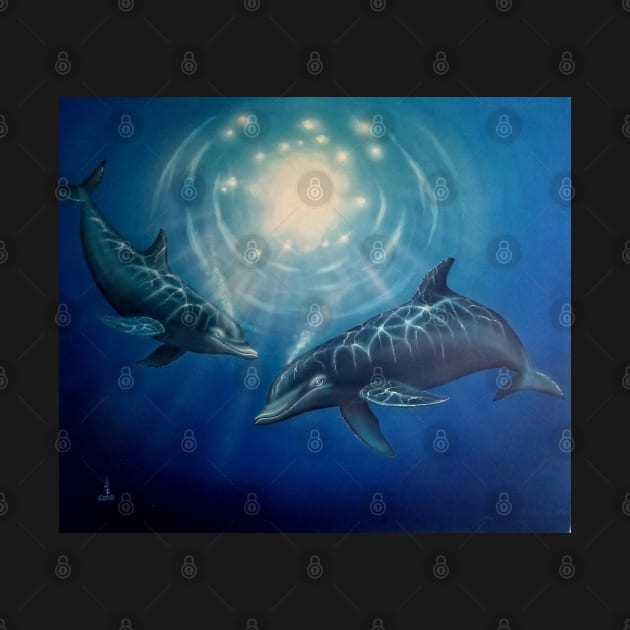 Dolphins playing underwater by Coreoceanart