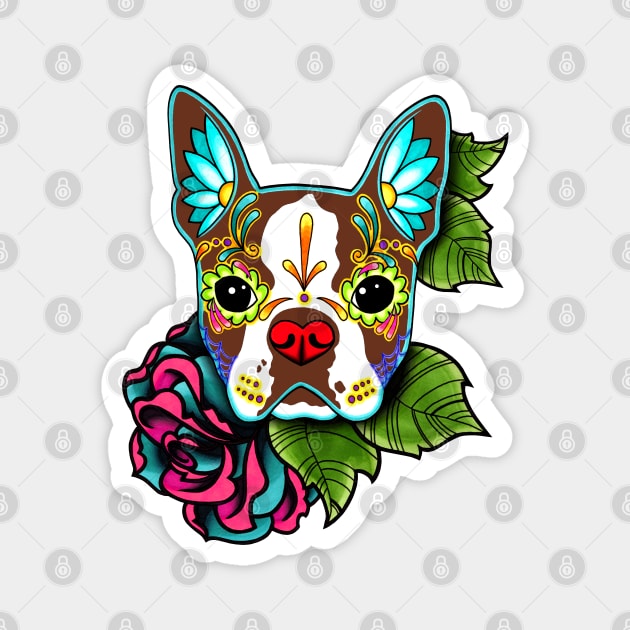 Boston Terrier in Red - Day of the Dead Sugar Skull Dog Magnet by prettyinink