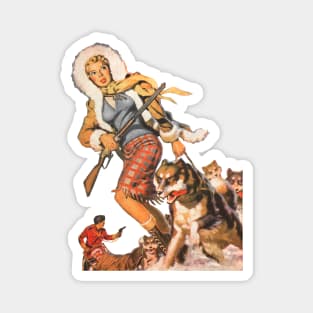 REVISTANGO #61 - Arctic Huntress—Blonde Woman with Rifle and Sled Dogs Braving Snowstorm in 1950s Vintage Pulp Adventure Illustration of Courage, Survival, and Northern Danger Magnet