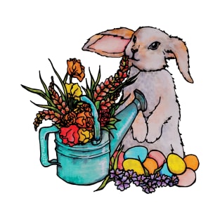 Watercolor Easter Bunny with watering can full of flowers T-Shirt