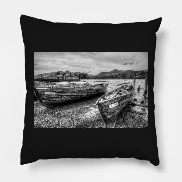 Black And White Derwentwater Wooden Rowing Boats Pillow by tommysphotos