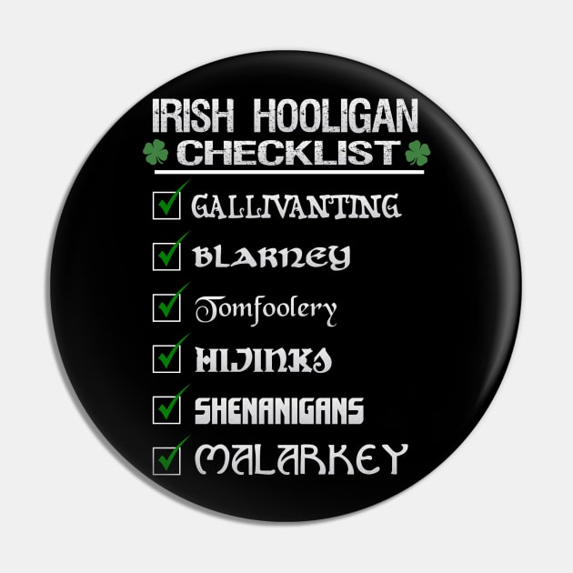 Irish Hooligan Checklist Funny St Patrick's Day Blarney Malarkey Shenanigans Pin by ExplOregon