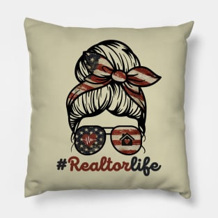 Realtor Life Messy Bun US Flag Pillow