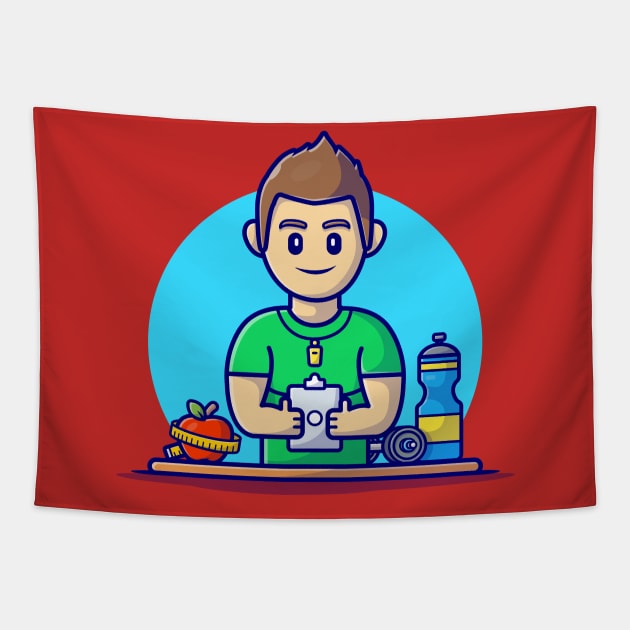 Gym And Fitness Trainer Cartoon Vector Icon Illustration Tapestry by Catalyst Labs