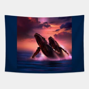 Humpback Whales Breaching at Dramatic Sunset Tapestry