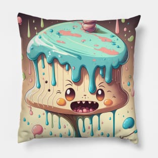 Cake Caricature - January 1st - Yearlong Psychedelic Cute Cakes Collection - Birthday Party - Delicious Dripping Paint, Bright Colors, and Big Adorable Smiles Pillow