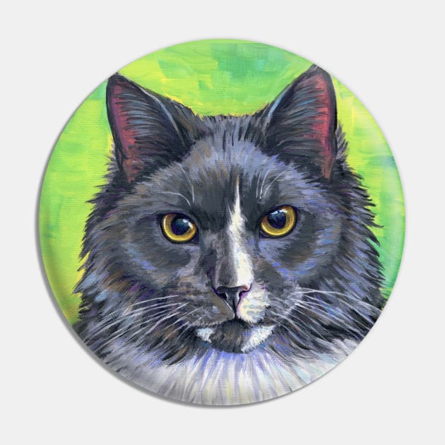 Gray and White Longhair Tuxedo Cat Pin by rebeccawangart