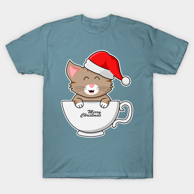 Disover Christmas Cat Smiling With Santa Hat in A Cup - Christmas Cat - T-Shirt