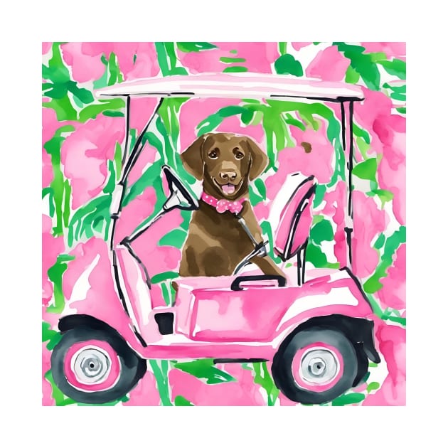 Preppy brown Labrador in a golf cart by SophieClimaArt