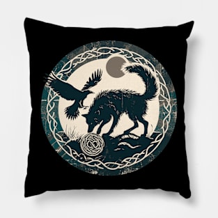 Vintage Celtic Wolf and Raven Pillow