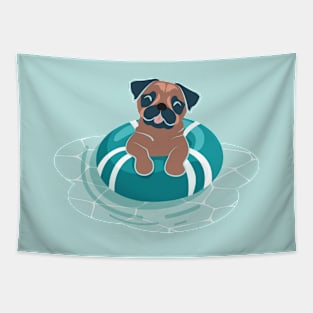 Summer pool pawty // aqua background pug dog breed in vacation playing on swimming pool Tapestry