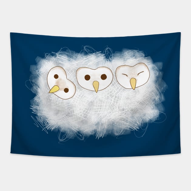 Three fluffy baby owls Tapestry by TheAlbinoSnowman