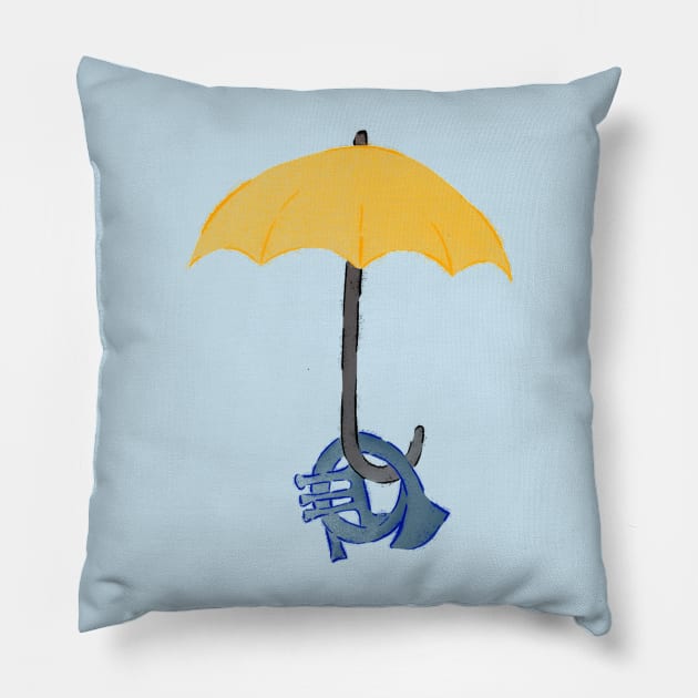 Yellow umbrella and blue horn - blue Pillow by Uwaki