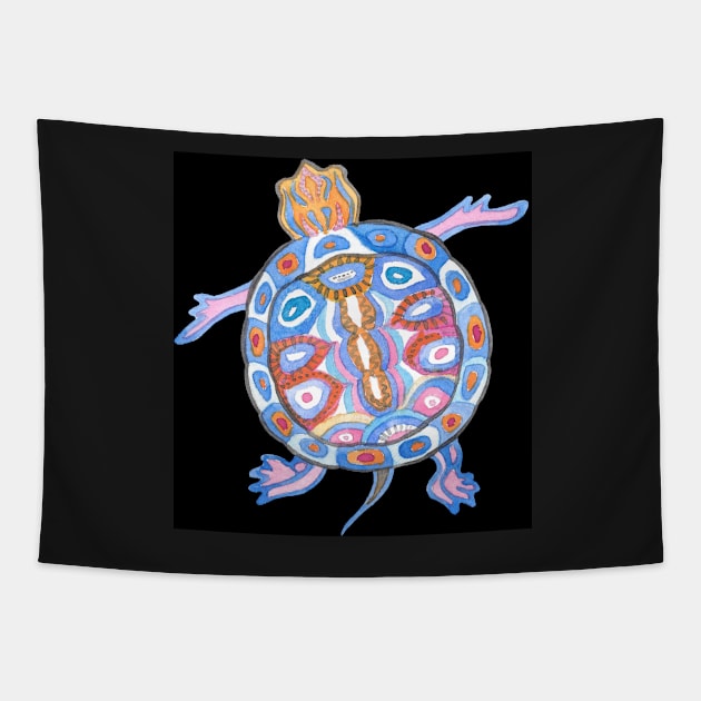Sea Turtle - Folk Blue & Black Palette Tapestry by andreeadumez