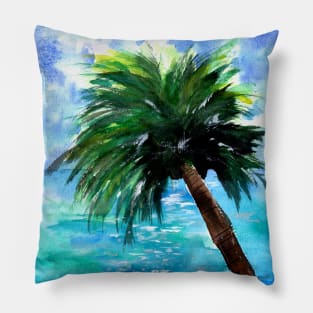 Blue Ocean and Green Palm Tree Pillow