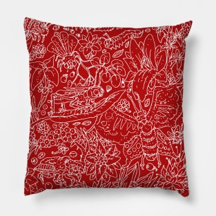 flowers and insects, bees, butterflies and beetles. red and white. Pillow