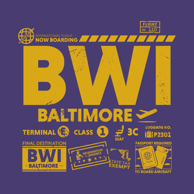 Vintage Baltimore BWI Airport Code Travel Day Retro Travel Tag Gold by Now Boarding