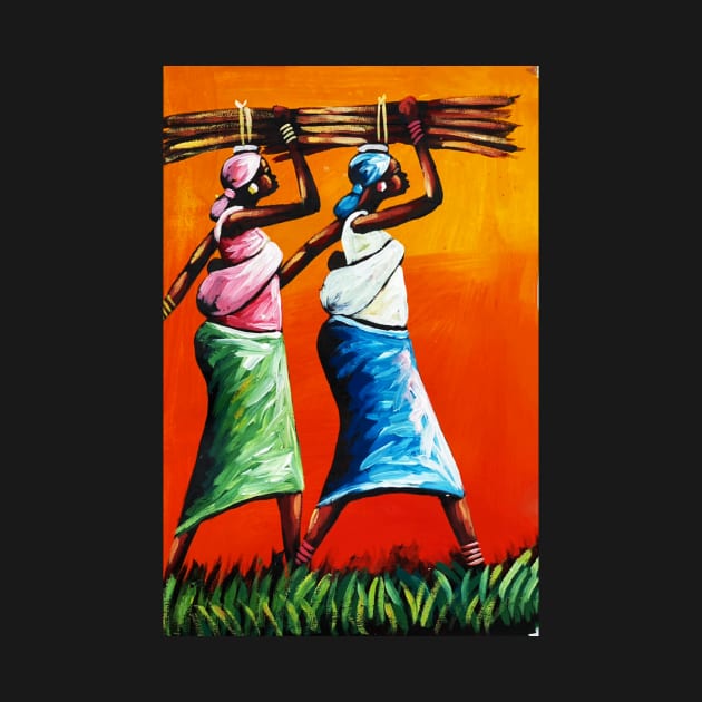 African Women Carrying Wood with Children, Black History Art by dukito