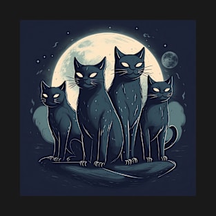 Four Black Cats on the Moon T-Shirt